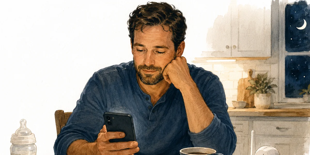A tired father reading on his phone late at night beside a baby bottle and monitor