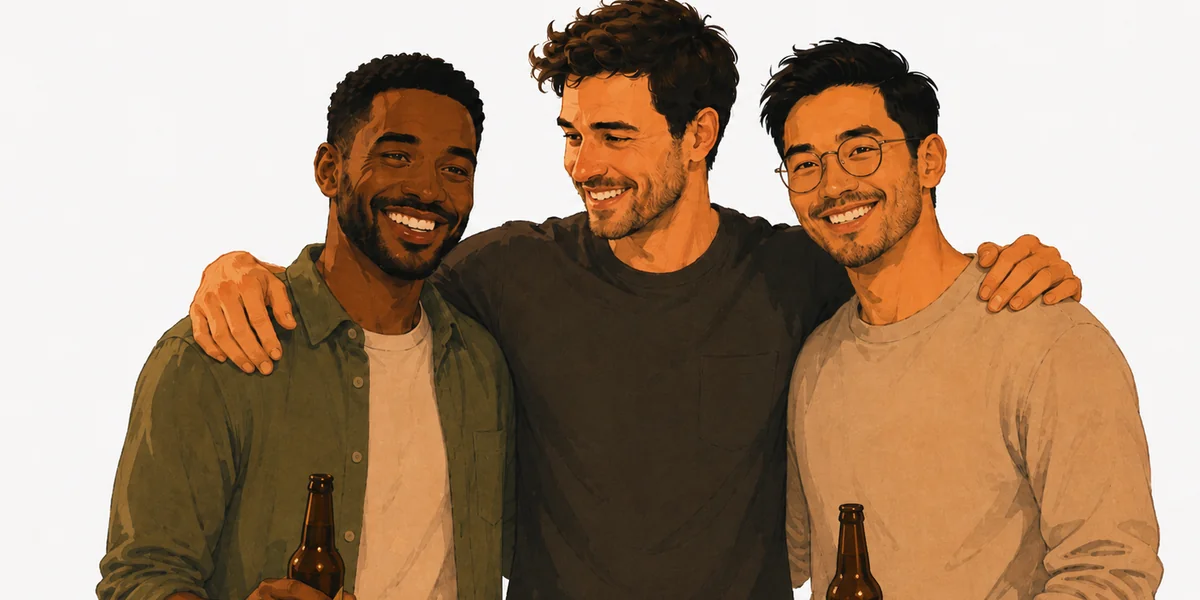 Three dads smiling together with their arms around one another